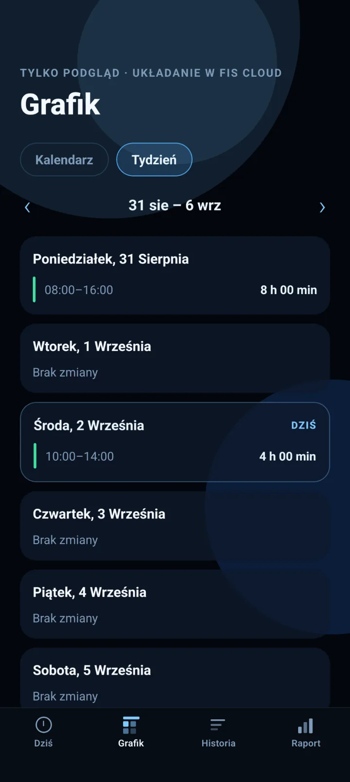 Tygodniowy widok grafiku LoyalWork